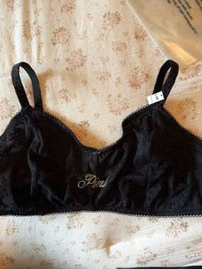 PINK Victoria's Secret Black Lace Bralette with Gold Rhinestone Script
